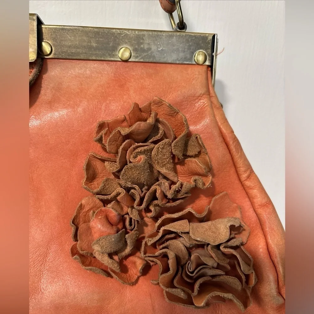 Patricia Nash Leather Ferraro Handbag Framed Flower Purse Clasp Pink Orange Bag